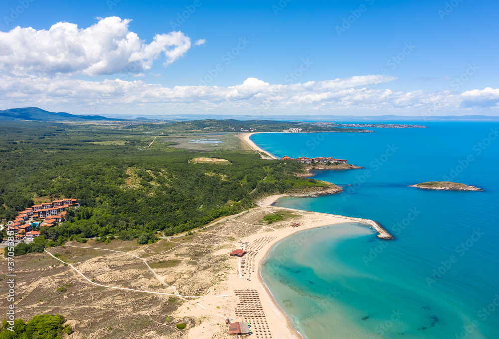 Aerial panoramic view of picturesque Black sea coastline with Arkutino reserve, Saint Thomas resort and the Snake island, Bulgaria
