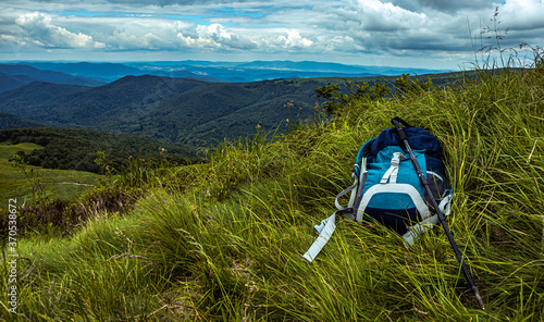 Fototapeta Naklejka Na Ścianę i Meble -  Backpack on a hill in the mountains. Hiking. BIeszczady Poland.