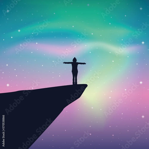 girl on a cliff looks in the colorful starry sky with aurora borealis vector illustration EPS10