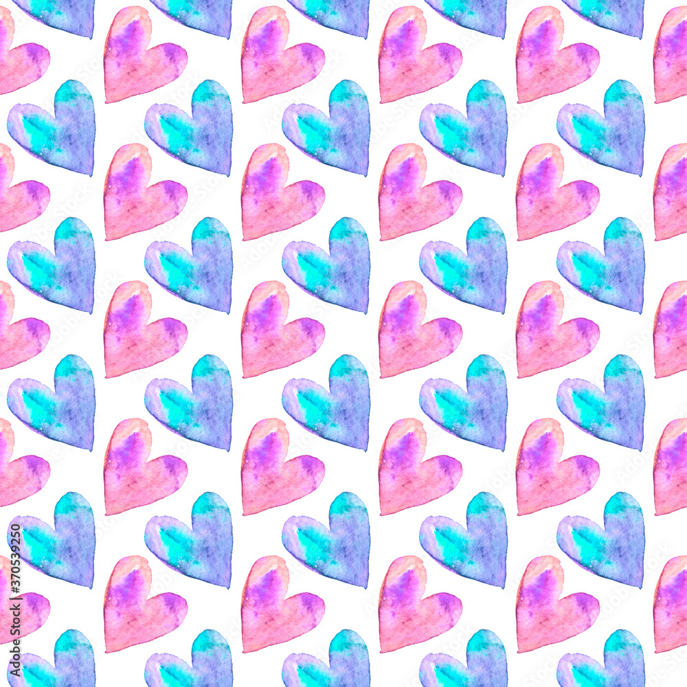 Seamless pattern with watercolor hearts. Romantic love hand drawn backgrounds texture. For greeting cards, wrapping paper, wedding, birthday, fabric, textile, Valentines Day, mothers Day, easter