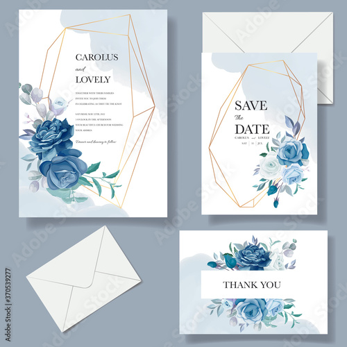Wedding invitation template set with beautiful blue floral bouquet and border decoration
