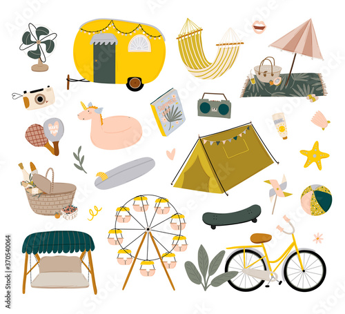Summer picnic: fruits, berries, cake, hotdog, sandwich, bbq grill, coffee, ice cream, pie. Top view. Icon set flat design of picnic items. For banners, posters, promotion, presentation templates