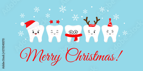 Cute smile teeth with xmas accessories on Merry Christmas dentist greeting card. White happy winter teeth emoji in santa hat with deer horns photo props. Flat design cartoon style vector illustration.
