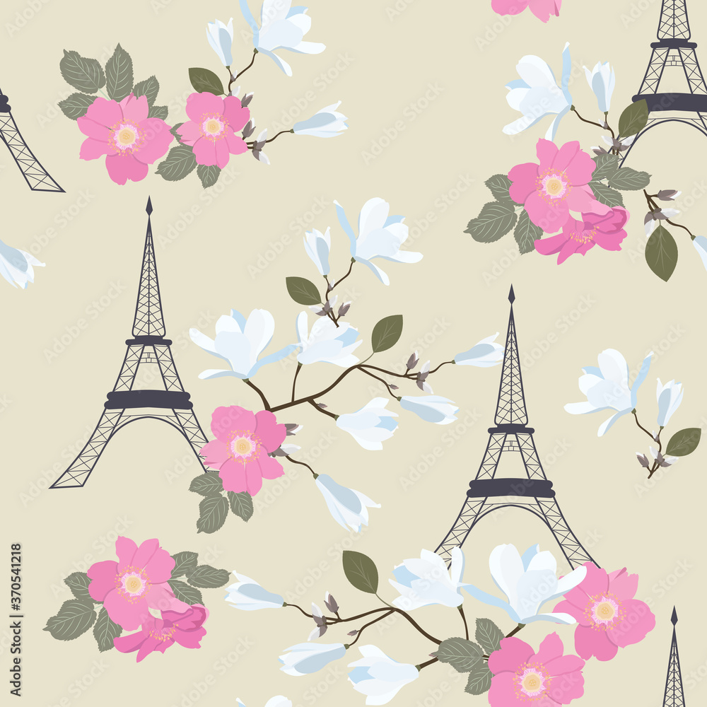 Seamless vector illustration with Eiffel tower and spring flowers.