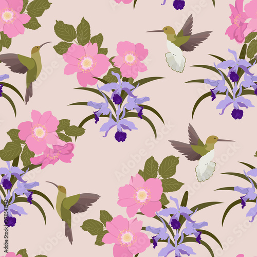 Seamless vector illustration with orchid, wild rose and hummingbird flowers.