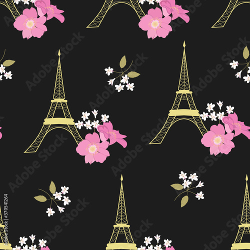 Seamless vector illustration with Eiffel tower and spring flowers.
