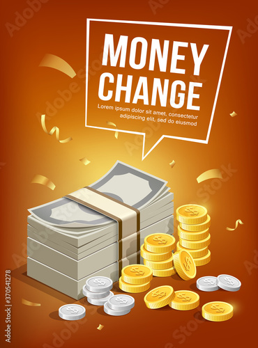 Banknote and gold coins with silver coins, mpney change poster design, on orange background, Eps 10 vector illustration
