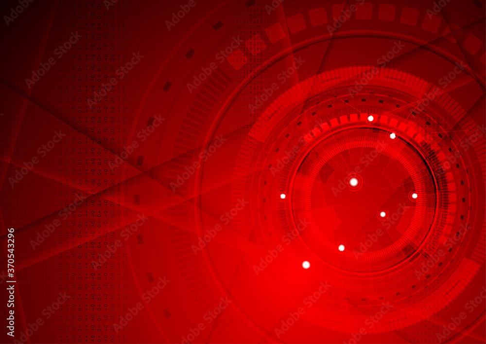 Red tech geometric background with HUD gear shape. Vector abstract graphic design