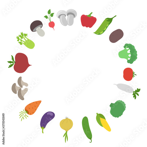 Fototapeta Naklejka Na Ścianę i Meble -  Vegetable round frame. Garden harvest. Circle background. Vector flat illustration. Growing agriculture. Copy space.