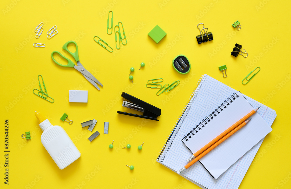 Office on a yellow background. School supplies. Office on a yellow background. School supplies.