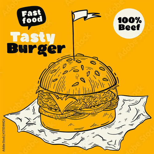 Burger doodle set, fast food vector illustration. Poster template for restaurant, burger house