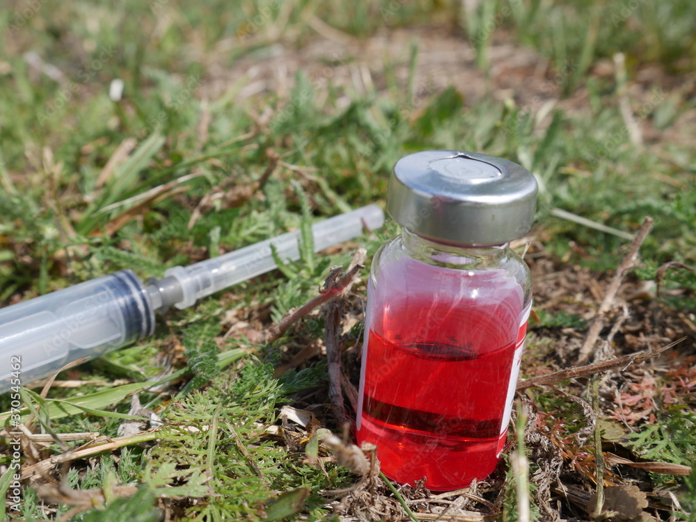 red bottle with medicine and a syringe on the background of grass red bottle with medicine and a syringe on the background of grass