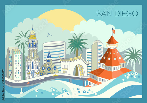 San Diego city skyline with landmarks and scrapers. Detailed urban panoramic illustration. Editable stroke 