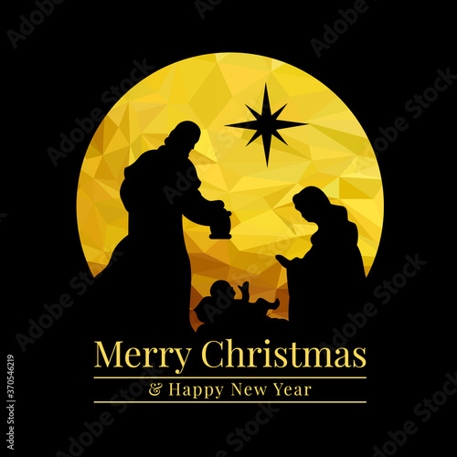 Merry christmas and happy new year banner with abstract gold low poly Nativity of Jesus scene and start on black background vector design