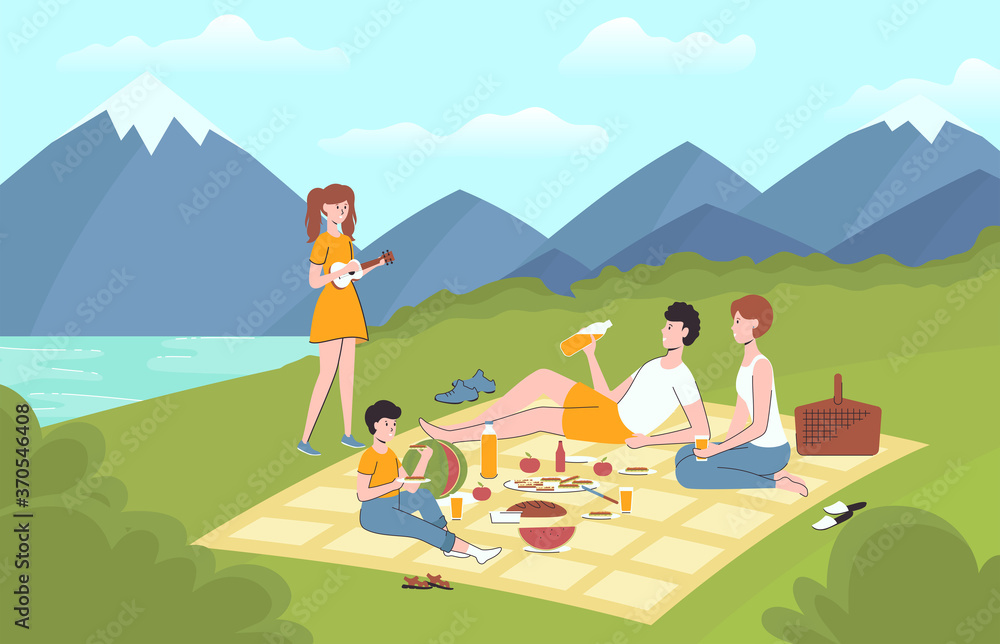 Cartoon Color Characters People Family Relaxing on Picnic Concept. Vector