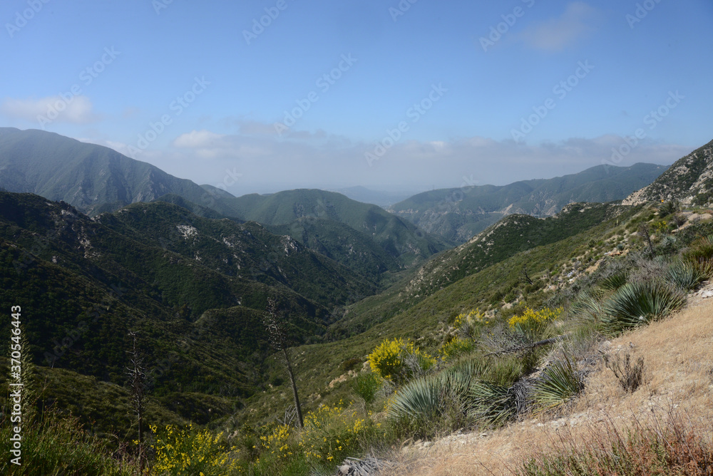 Angeles forest national park panoramic landscape, with mountain range peaks, changing terrain, of valleys rolling hills with trees, plants and mount brush. Scenic views  and beautiful,