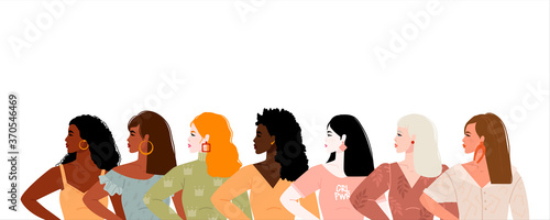Seven women of different nationalities and cultures stand together. The concept of the feminist movement for the empowerment of women. Female friendship. Vector illustration. Isolated on background.