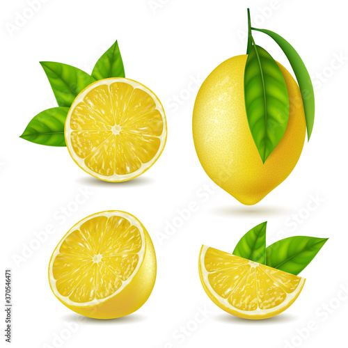 Realistic Detailed 3d Yellow Lemon Slices Set. Vector