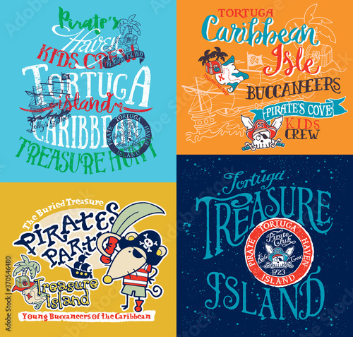 Cute Caribbean pirate treasure island map vector print collection for children wear 
