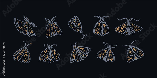 Hand drawn set of mystic moths or Butterfly. Vector magic texture. Boho abstract background with witch symbols