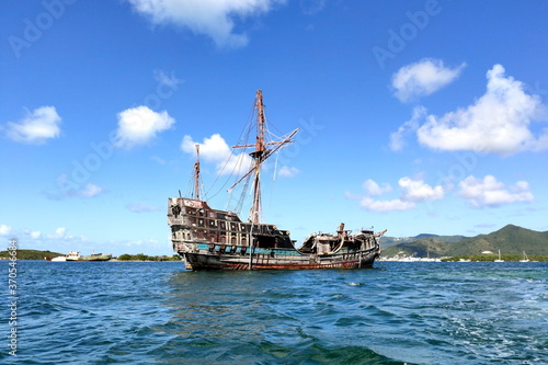 Old rundown wooden pirate ship at Simpson Bay Lagoon, Saint Martin
