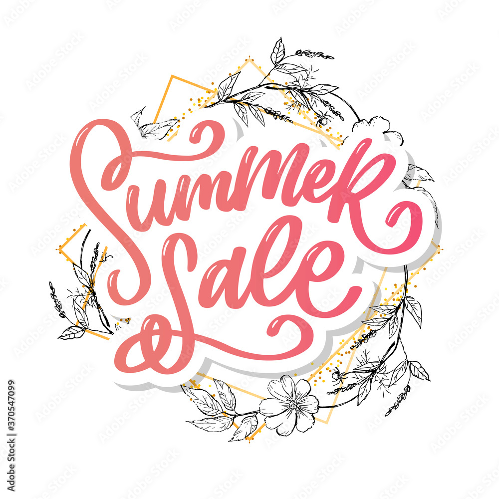 Trendy floral vector template. Summer flowers and Summer sale lettering illustration. Shabby gold texture on striped background. Trendy floral vector template. Summer flowers and Summer sale lettering illustration. Shabby gold texture on striped background.
