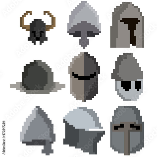 A set of nine pixel medieval helmets for games, websites, design, and more.