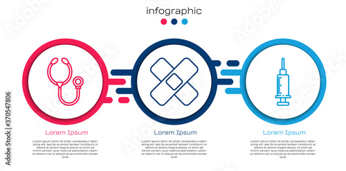 Set line Stethoscope, Crossed bandage plaster and Syringe. Business infographic template. Vector.