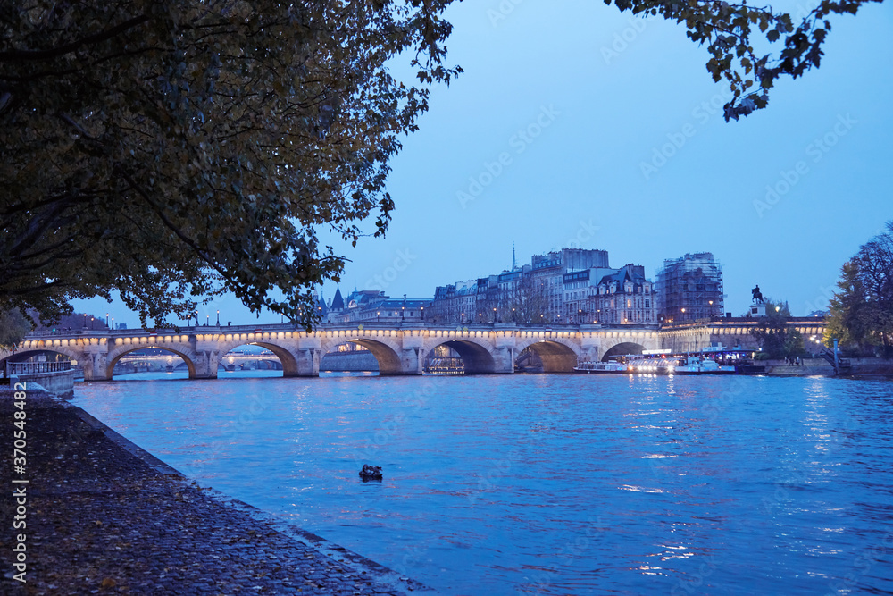 Empty riverbank of Seine in Paris, France in autumn season time.