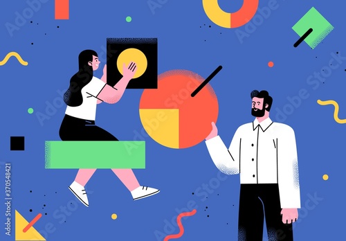 Flat style business people characters at workplace in office room. Casual business concept illustration