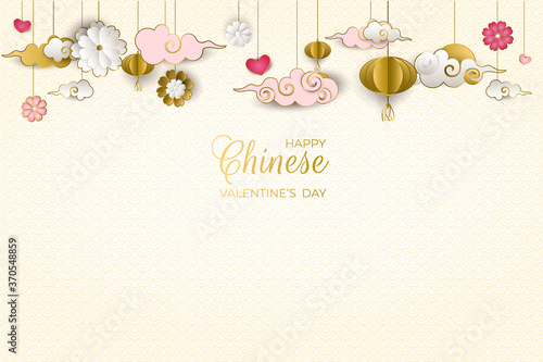 Chinese Valentine's day. Card with hanging flowers, clouds, hearts, asian pattern in paper style. Qixi festival double 7th day. For greeting card, wedding invitation, banner. Vector illustration