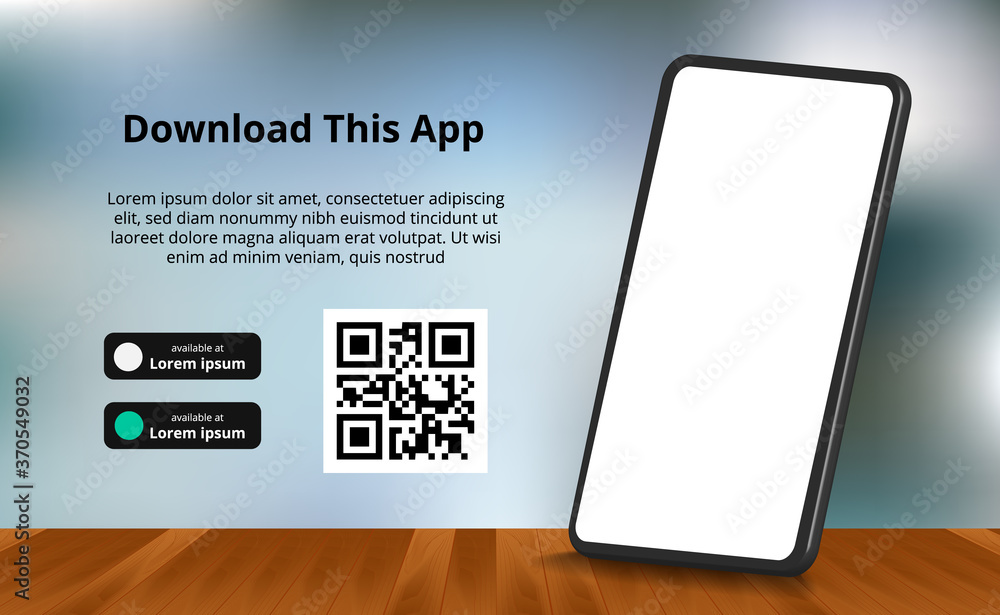 landing page banner advertising for downloading app for mobile phone, 3D  smartphone with wood floor and blur background. Download buttons with scan  qr code template. Stock Vector | Adobe Stock