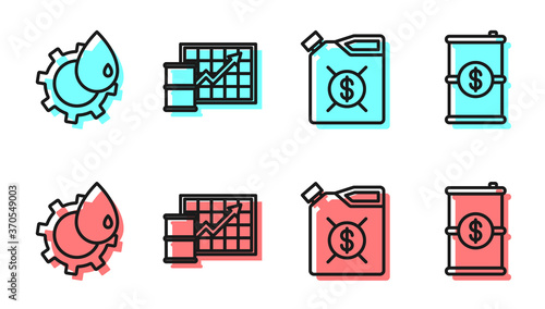 Set line Canister for motor machine oil, Oil industrial factory building, Oil price increase and Barrel oil with dollar icon. Vector.