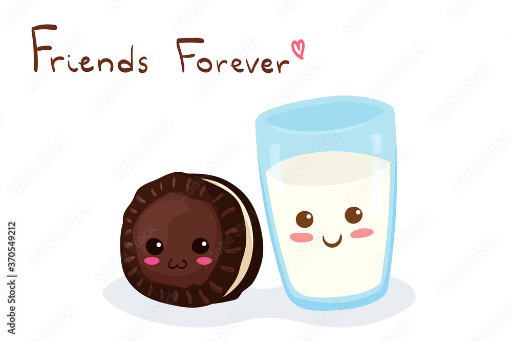 Kawaii Black Cookie & Glass of Milk with Friends Forever lettering. Cute funny & happy breakfast characters. Adorable cartoon food vector illustration for cards, fabric print, stickers, posters. Kawaii Black Cookie & Glass of Milk with Friends Forever lettering. Cute funny & happy breakfast characters. Adorable cartoon food vector illustration for cards, fabric print, stickers, posters.