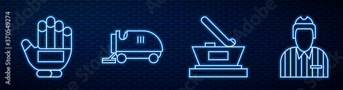 Set line Ice hockey cup champion, Hockey glove, Ice resurfacer, Hockey judge, referee, arbiter and Mallet for playing air hockey. Glowing neon icon on brick wall. Vector.