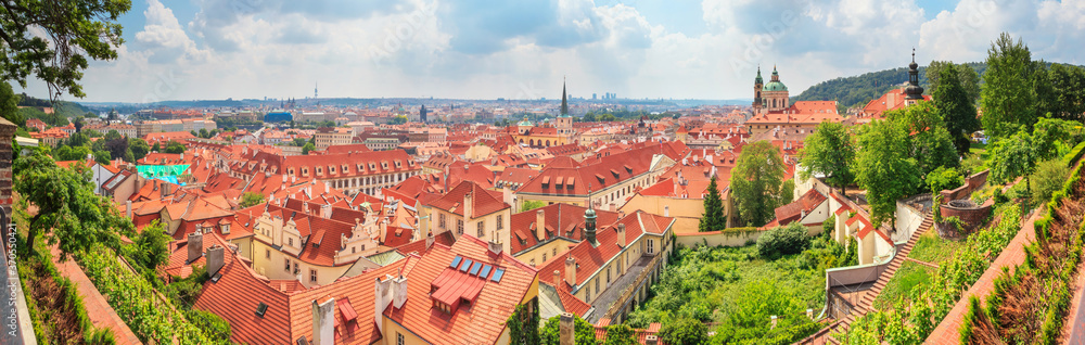 City summer landscape, panorama, banner - top view of the Mala Strana (Little Side) of the historical district of Prague, Czech Republic