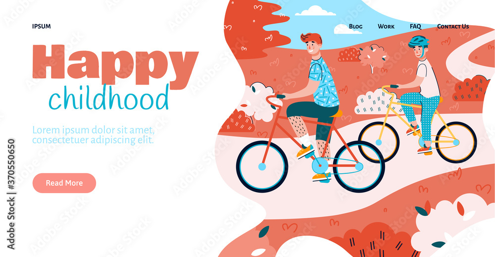Obraz premium Happy childhood website template with family cycling together in park, flat vector illustration. Family activities and joint recreation of parents with children.