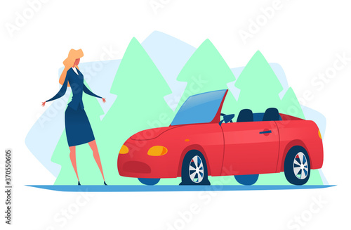 Businesswoman is standing next to a broken car. Vector illustration with a red car on the road with a flat tire.