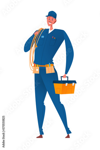 Friendly professional electrician isolated on white background. Vector illustration.