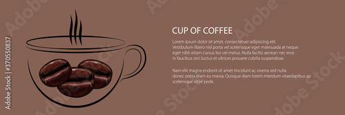 Banner of cup of hot coffee with steam and grains, vector illustration