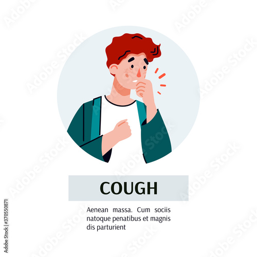 Man with cough symptom, medical poster template of cartoon person coughing into his hand. Sick guy with cold or virus illness sign, vector illustration.