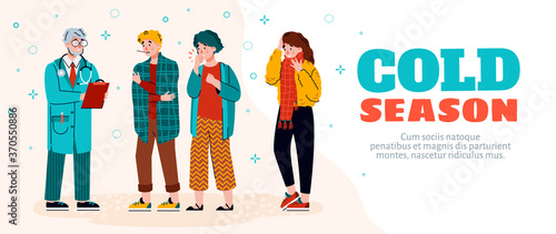 Cold season diseases web banner with sick people characters coughing, blowing and sneezing, cartoon vector illustration. Medical site homepage with cold and flu symptoms.