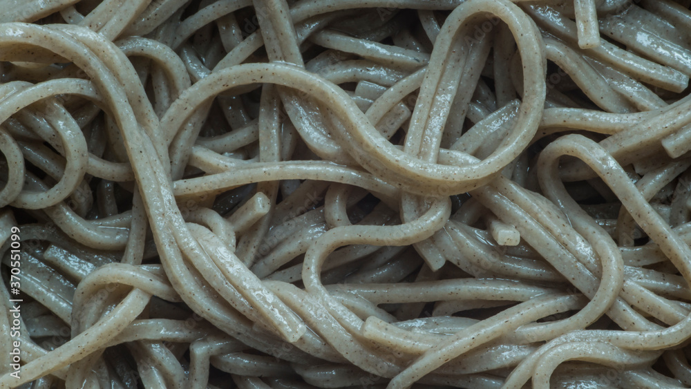 Japanese soba noodle in full screen. Buckwheat noodle of Japan. Close up