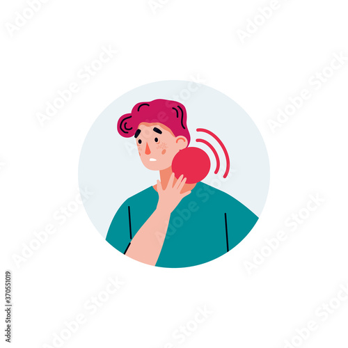 Man with sore throat pain touching red pulsating dot spot on his neck. Cartoon person with sickness symptom applying pressure on hurting body part  vector illustration.