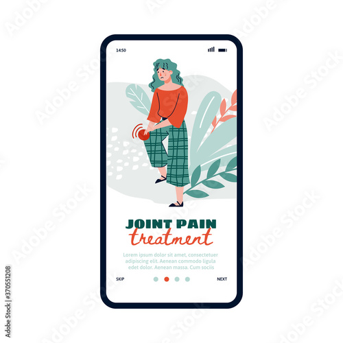 Onboarding page for medical application giving consultation of joint pain treatment with woman feeling knee ache, flat vector illustration isolated on white background.