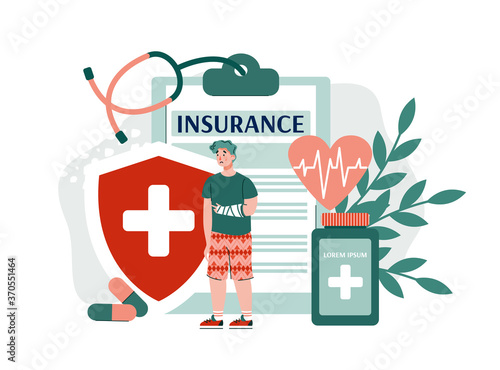 Concept of life and health insurance. Financial compensation in case of injury or accident. Healthcare and medical services. Isolated flat vector illustration.