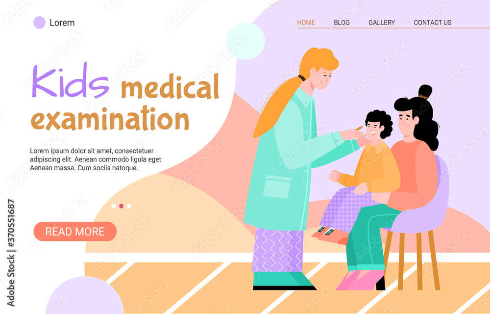 Kids medical examination web banner with mother and child at reception at the pediatrician, flat cartoon vector illustration. Podiatry and childrens healthcare.