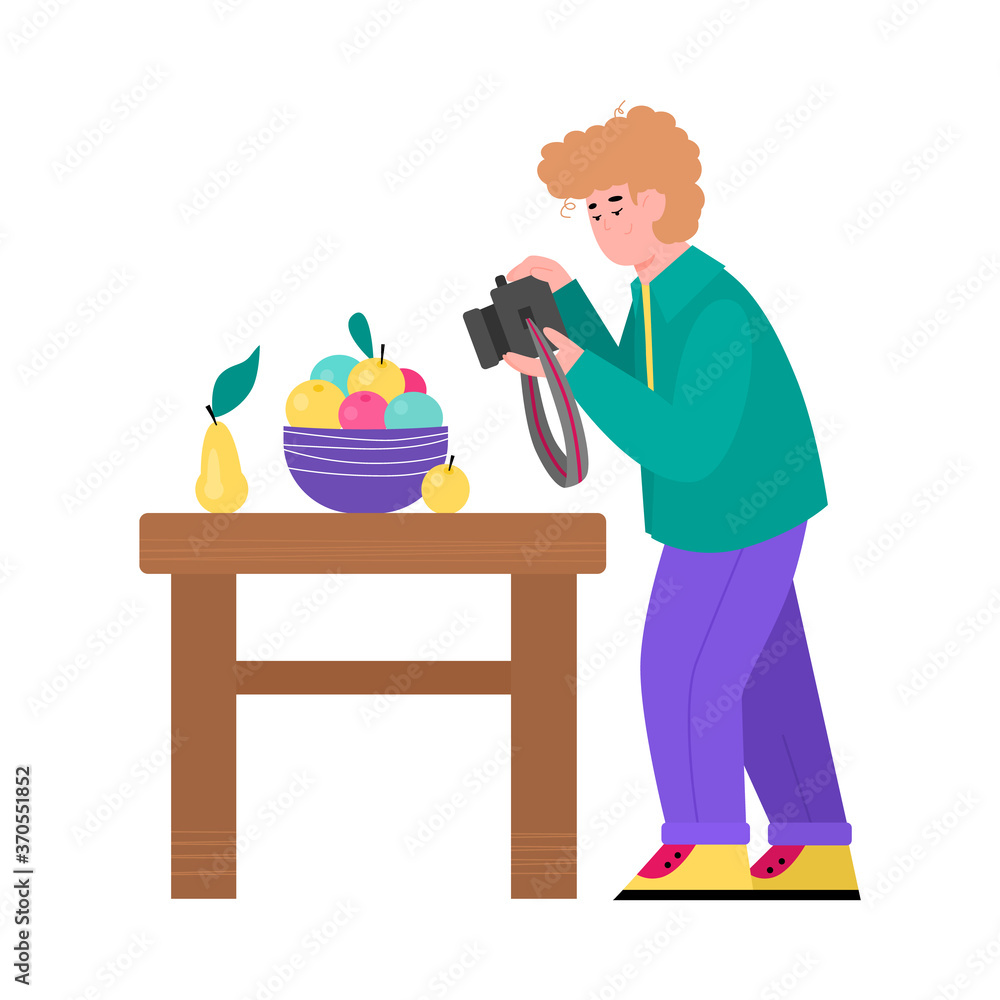 Professional photographer cartoon character making photo shoot of still life, flat vector illustration isolated on white background. Man photographing fruits on table. Professional photographer cartoon character making photo shoot of still life, flat vector illustration isolated on white background. Man photographing fruits on table.