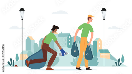 Fototapeta Naklejka Na Ścianę i Meble -  Clean city vector illustration. Cartoon flat happy man cleaner characters working in urban cityscape, keep cleanliness of city environment and pick up litter trash garbage in bag isolated on white