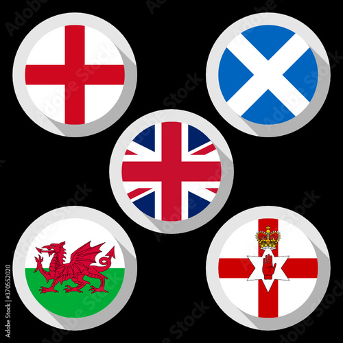 Flag Icon Set of United Kingdom, England, Scotland, Wales and Northern Ireland. Isolated on black background